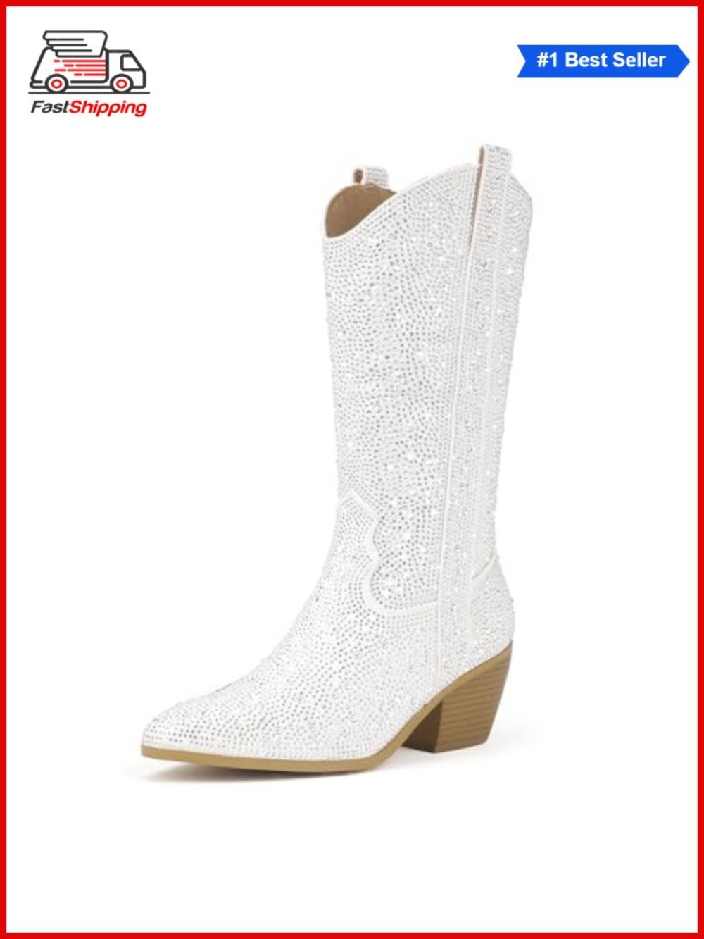 ✨IDIFU Rhinestone Mid Calf Western Cowgirl Boots Pointed Toe Block Heel